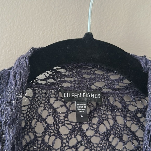 EILEEN FISHER 100% Wool Crochet Lace Open Front Cardigan Duster Navy Sz Large - Picture 5 of 5